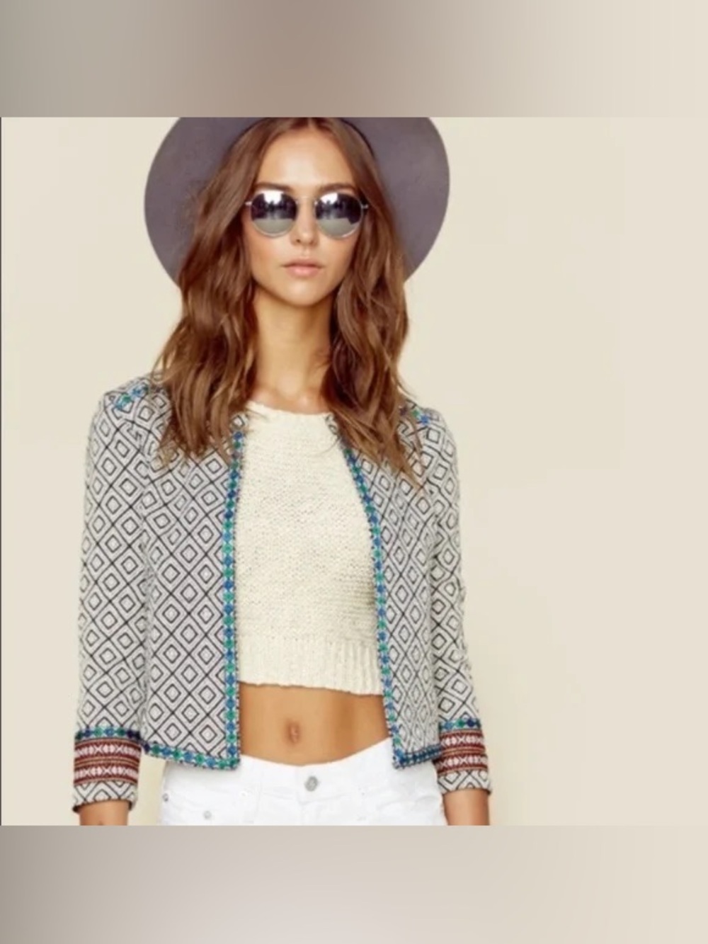 LOVERS + FRIENDS Manta Diamond Weave Embroidered Cropped jacket size medium
